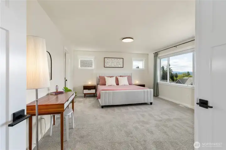 Generous primary suite showcases soft neutral carpeting, a large vinyl window framing neighborhood views, and custom motorized blinds. Generous primary suite showcases soft neutral carpeting, a large vinyl window framing neighborhood views, and custom motorized blinds.