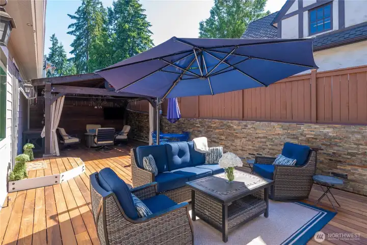 Enjoy this fully fenced backyard with 20"x20" Gazebo & Ipe (tropical hardwood from Brazil) deck built in 2019