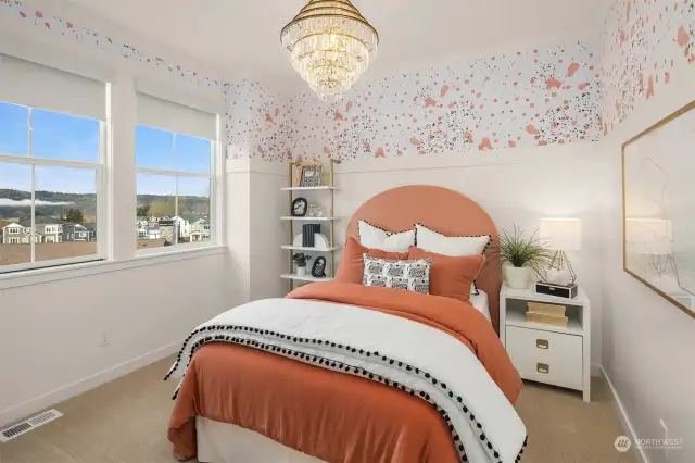 Bedroom located on the top floor. Photo of the Alabaster model home, includes upgrades & is not of actual home listed for sale.