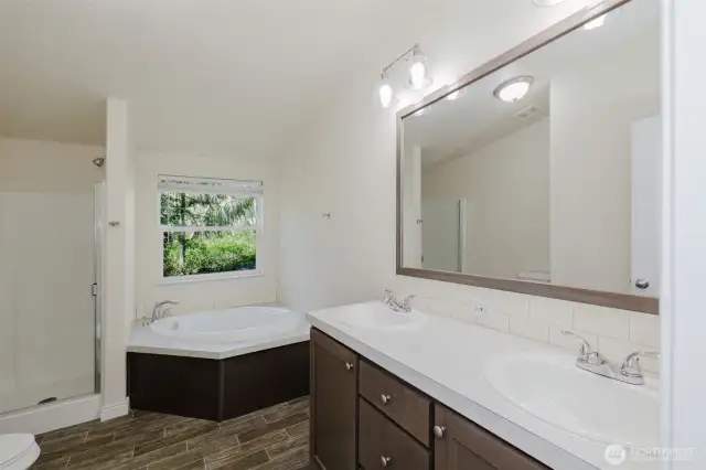 Primary Bathroom with big soak tub. View to the private backyard.