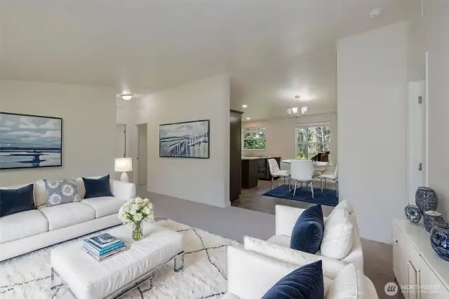 Living room looking into Kitchen (Virtual Staged)
