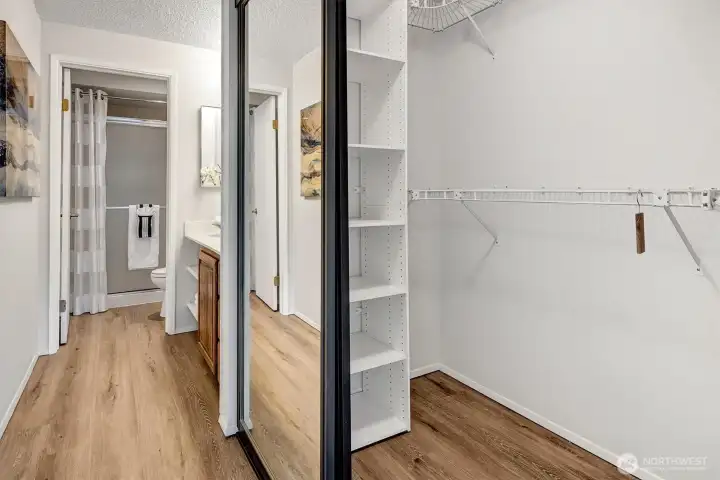 A walk=in closet on the hall to the bath.