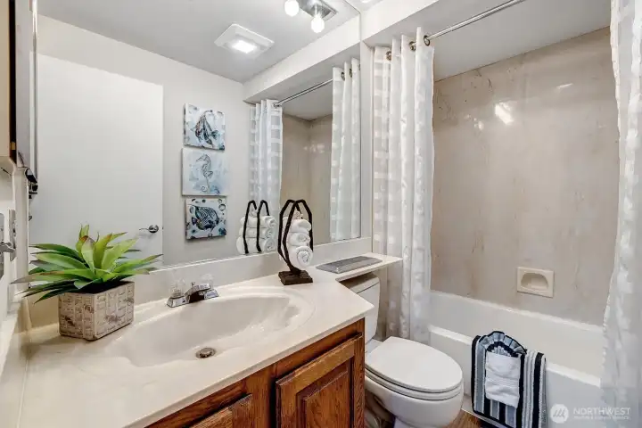 Main bathroom, new luxury vinyl plank flooring in both bathrooms.