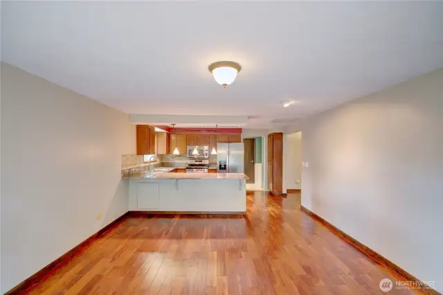 Spacious family room looking toward the kitchen