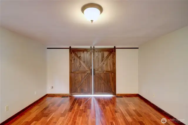 Barn doors slid closed for privacy