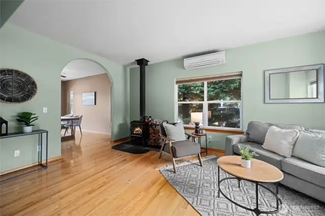Cozy Wood Burning Stove in Living Area.