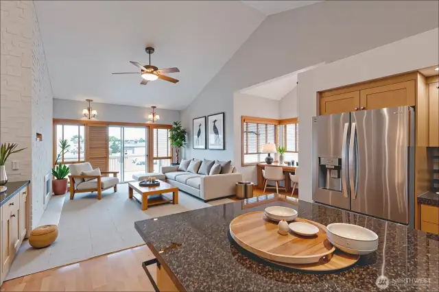 Kitchen Island overlooking living room and coffee nook.