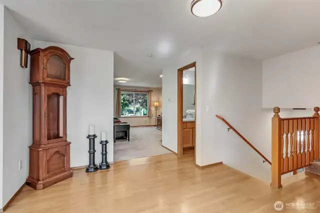 Entry shows easy 5 stairs access to the Bonus recroom in the lower level and the 5 stairs access to the bedrooms on the second level is the best alternative for easy living.