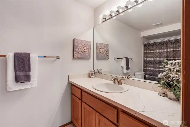 Main Bath in the 2nd levle is updated with Solid Surface Quartz Counters.