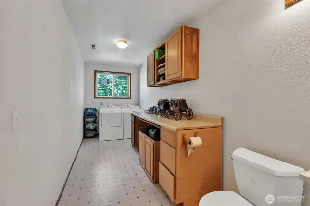 A Large Luandry room includes built-in cabinetry to Laundry itesm Organized.