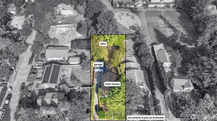 Aerial view showcasing the lot size and layout of main house, garage and the ADU.