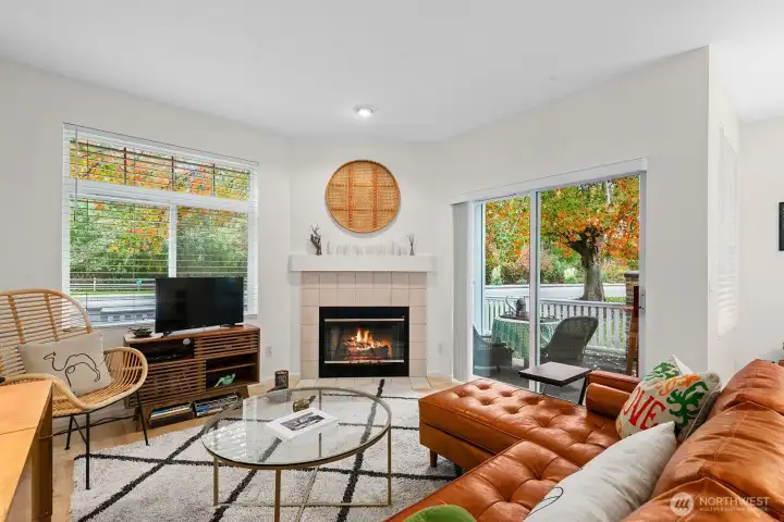 Living room with wood-burning fireplace, big windows with white slatted shades and slider to covered patio.