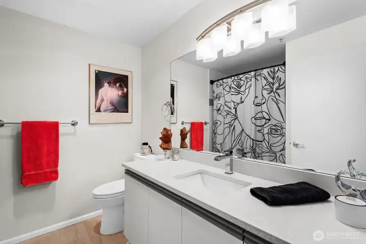 Guest bath with quartz counterts, updated lighting and tub/shower combination.