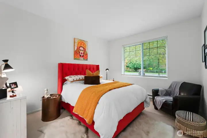 The primary suite, an oasis of peace, with space for a king size bed a walk-in closet and beautifully appointed 3/4 bath.