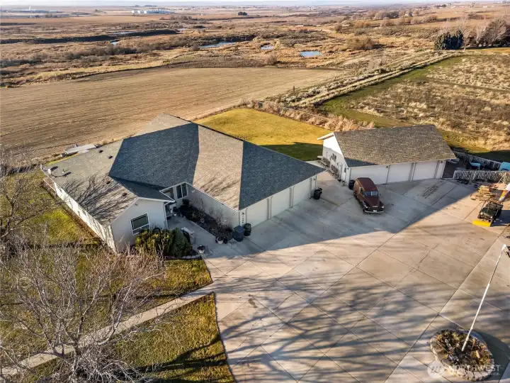 Overhead view with the Creek and Ponds in the distance.