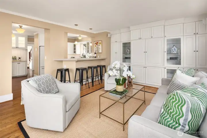 Built-in's provide space for entertainment and storage.