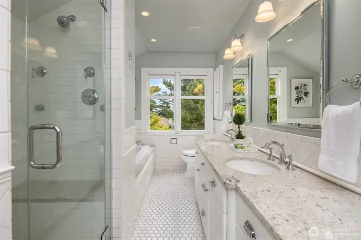Primary bath offer separate steam shower, and soaking tub.