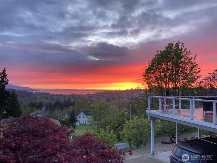Enjoy sunsets over Bellingham Bay from your front porch, living room, kitchen, primary bedroom, dining room or oversized deck.