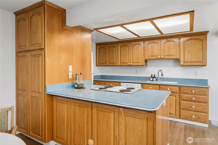 Updated kitchen with solid countertops and JennAir cooktop.