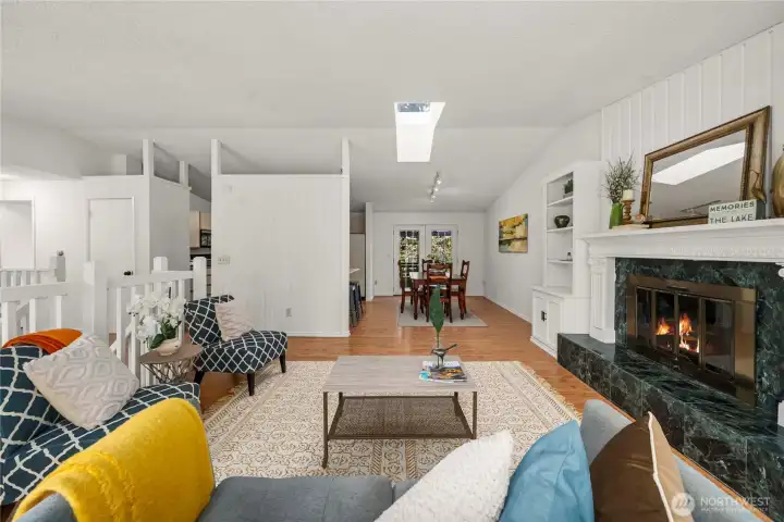 The fireplace and built in bookcases make for a focal point