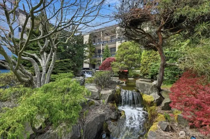 Stroll thru interior courtyard and enjoy the sights and sounds of the water features, ponds and mature Pacific NW garden and plants.