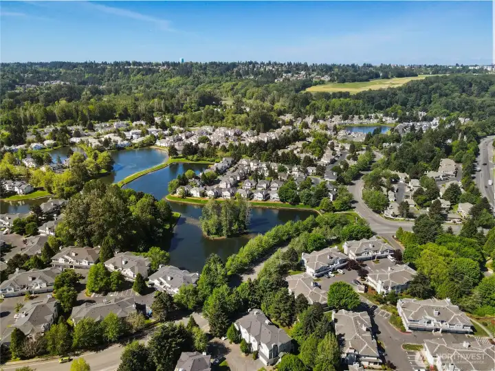 Bird’s-eye view showcases the surrounding community, green spaces, and ideal accessibility.