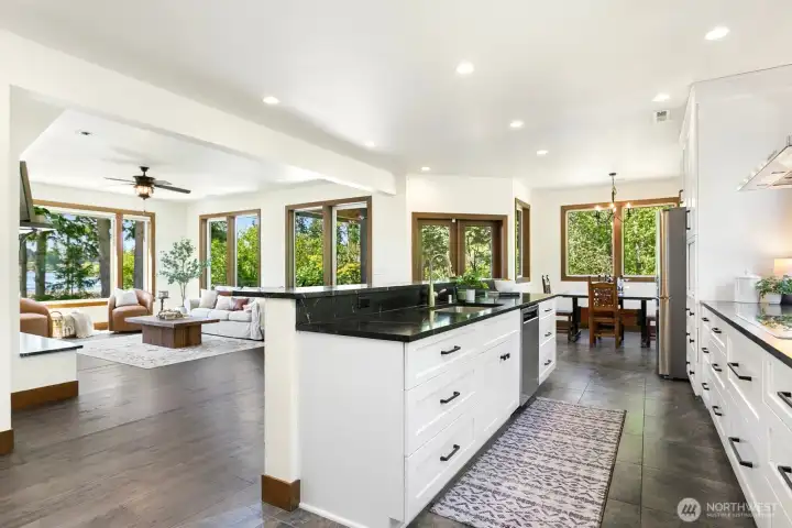 Kitchen Island, Great room, eating space, door to Covered Deck