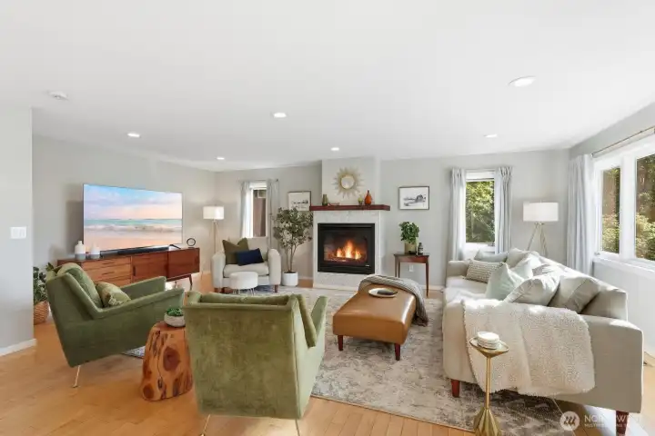 Living room with gas fireplace and view Living room with gas fireplace and view