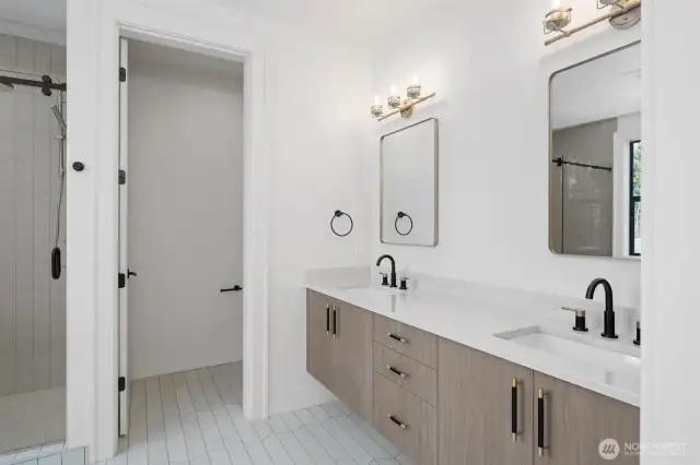 Double vanities and floating Belmont cabinets in Primary