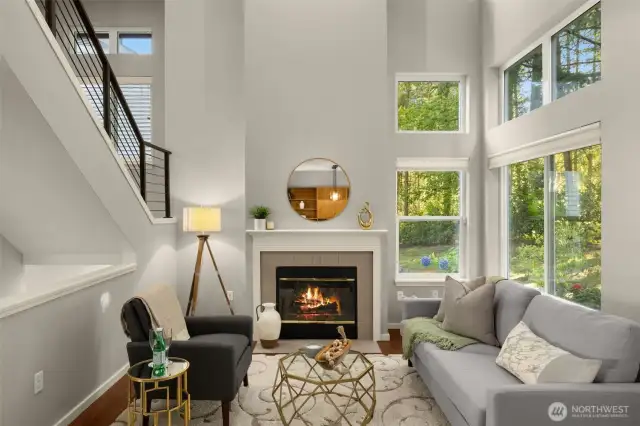 Family room has cathedral ceilings and a gas fireplace