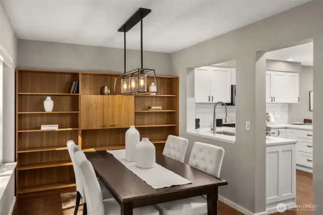 The built-in Danish Mid-Century shelving come with the home
