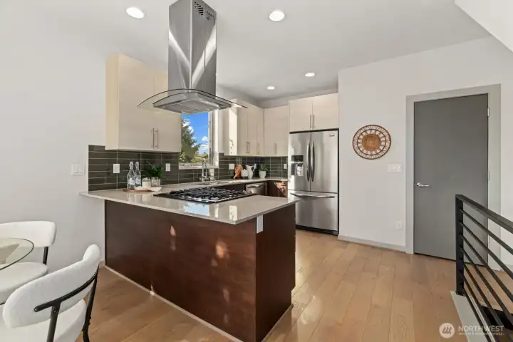 Kitchen seamlessly connects to a dedicated dining area