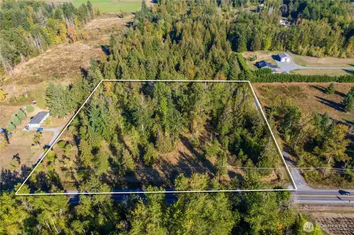 Property show with Mt View Highway in the front and 398th, a private driveway, on the right hand side. Property. can be accessed from either road.