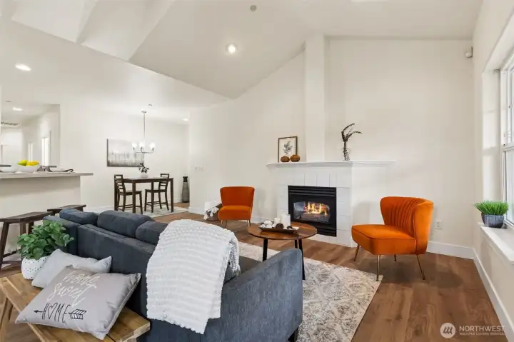 Cozy gas fireplace is ready to go for winter.