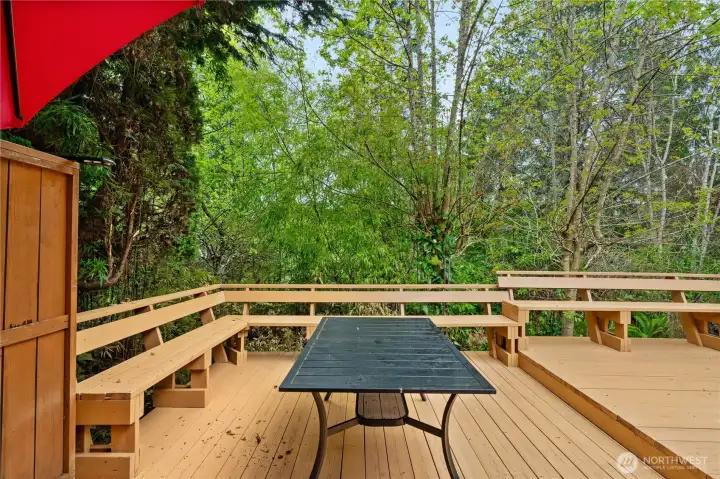 Lower decks with seating, surrounded by trees