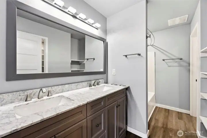 Sleep primary bath with dual vanity