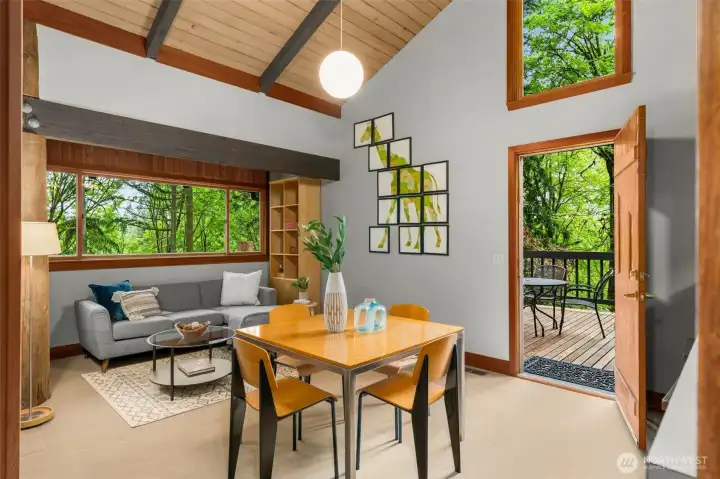 Family room off kitchen with door to wrap around deck
