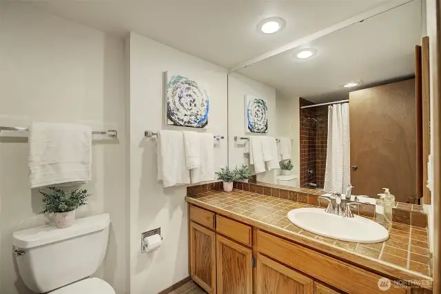 Hall bath with large vanity and tub/shower