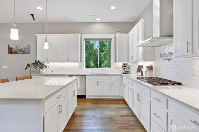 Pental solid quartz counters, soft close drawers, extra deep sink, pendant lighting, Anne Sacks tile backsplash.