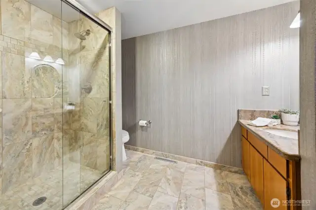 Bathroom with shower off hot tub room.
