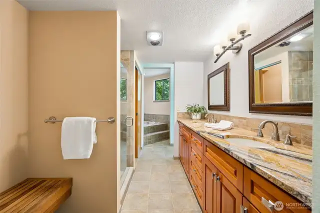 Large primary bathroom features shower and soaking tub!