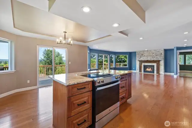 Island-mounted hoodless oven offers streamlined cooking convenience.