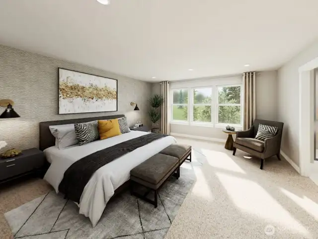 Huge primary suite accommodates a king size mattress and more. Actual home is under construction and finishes, materials, and colors will vary. See site agent for details.