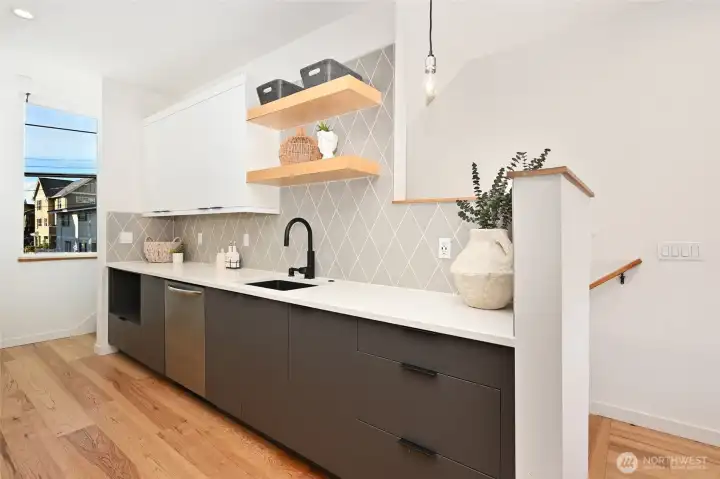 Kitchen has lots of counter space.
