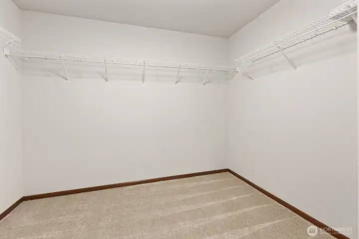 Primary walk in closet w/ new carpet.