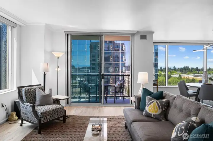 Elegant downtown Bellevue condo living room designed for comfort and entertaining.