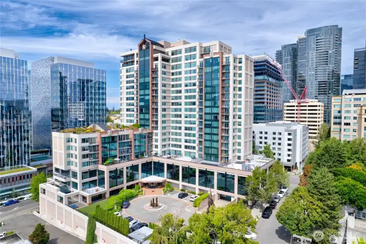 Bellevue Pacific Tower exterior showcasing premier downtown Bellevue condominium living.