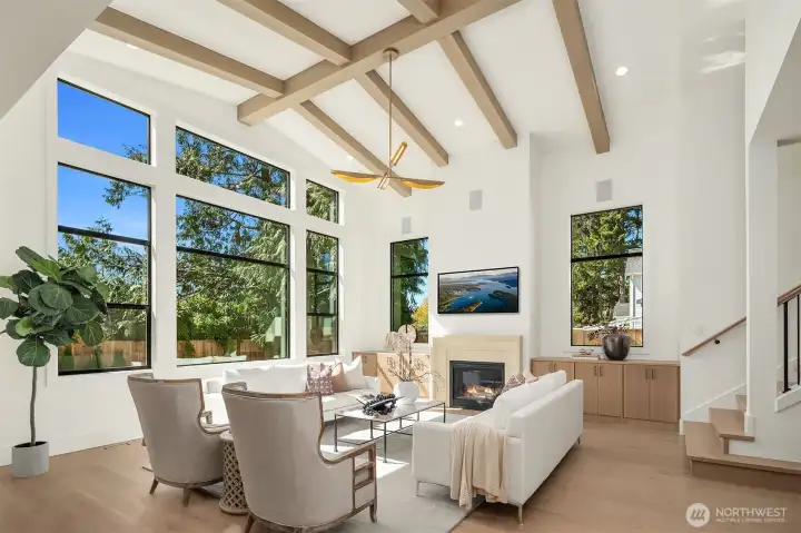 Vaulted great room that overlooks the private backyard