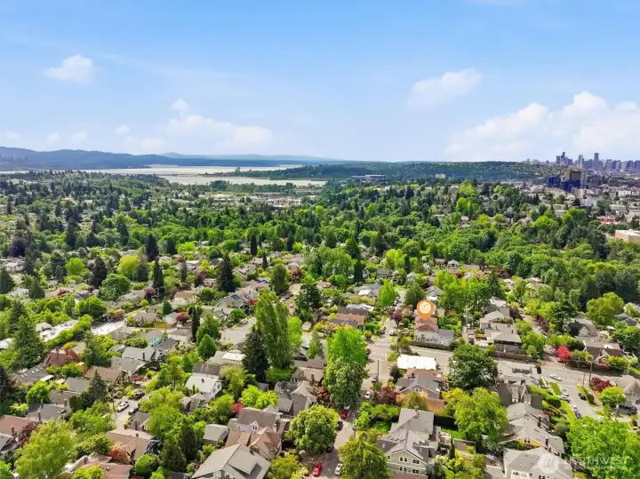 Aerial photo looking south and east. Coveted Ravenna Park location, walking distance to light rail, Whole Foods, restaurants, Ravenna Park, cafes, etc. And only minutes to UW, Children's, downtown, Amazon & 520. A remarkable 94 walk score and 90 bike score!