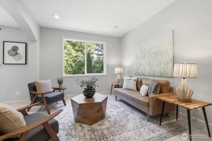 Light and bright throughout with greenery as your backdrop